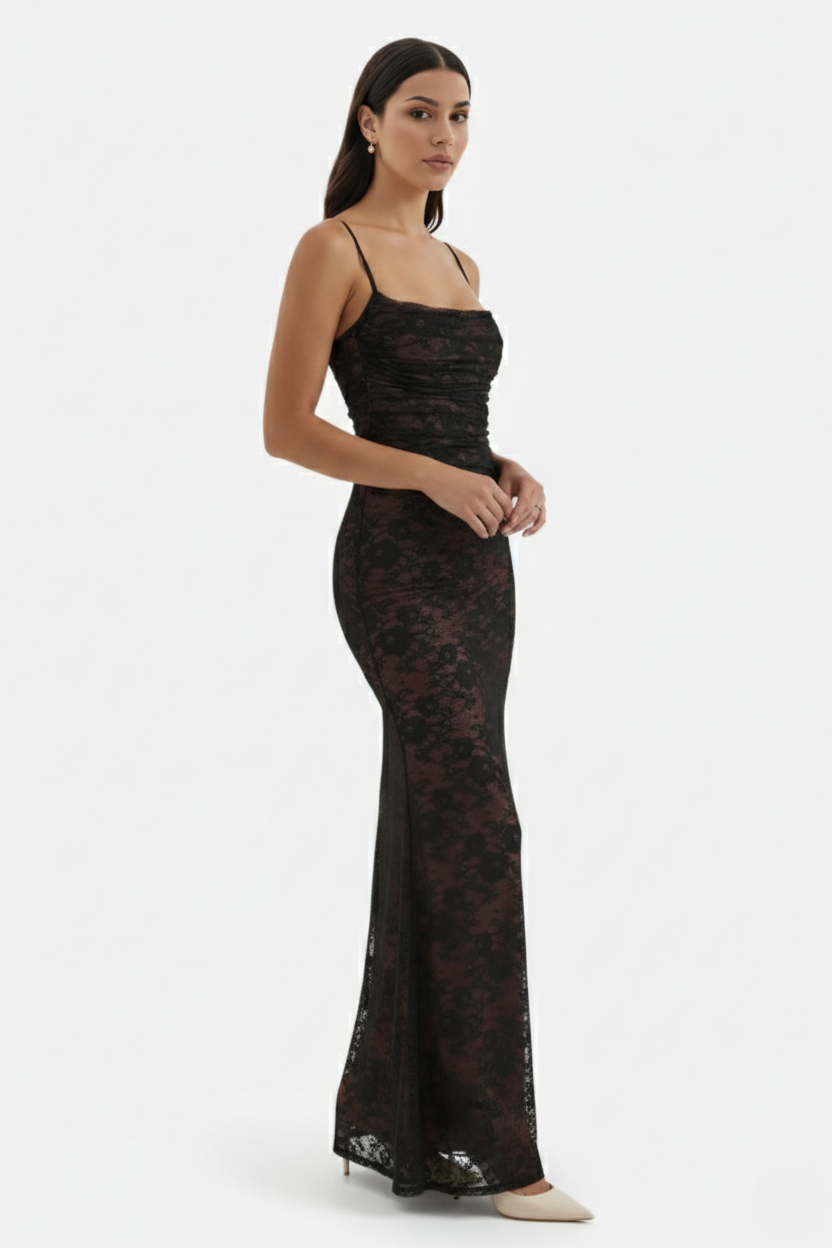Floral Lace Maxi Dress with Lace-Up Back and Long Sleeve Shrug