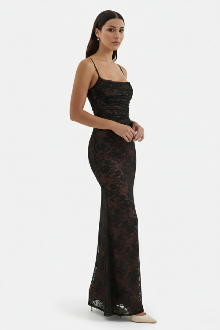 Floral Lace Maxi Dress with Lace-Up Back and Long Sleeve Shrug