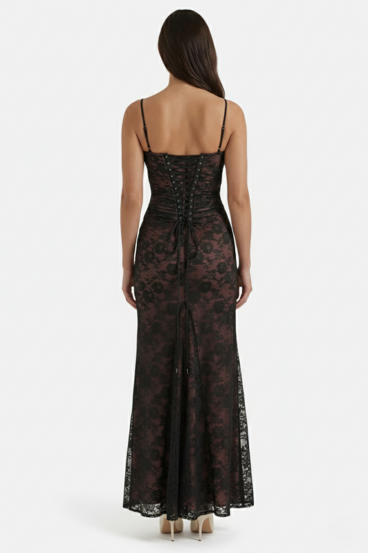 Floral Lace Maxi Dress with Lace-Up Back and Long Sleeve Shrug