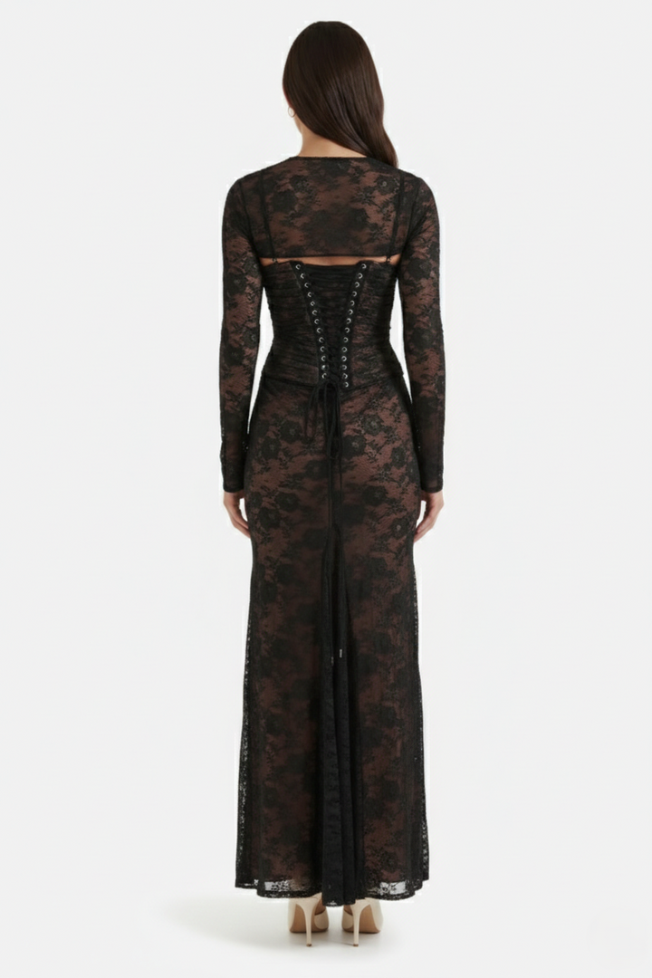 Floral Lace Maxi Dress with Lace-Up Back and Long Sleeve Shrug