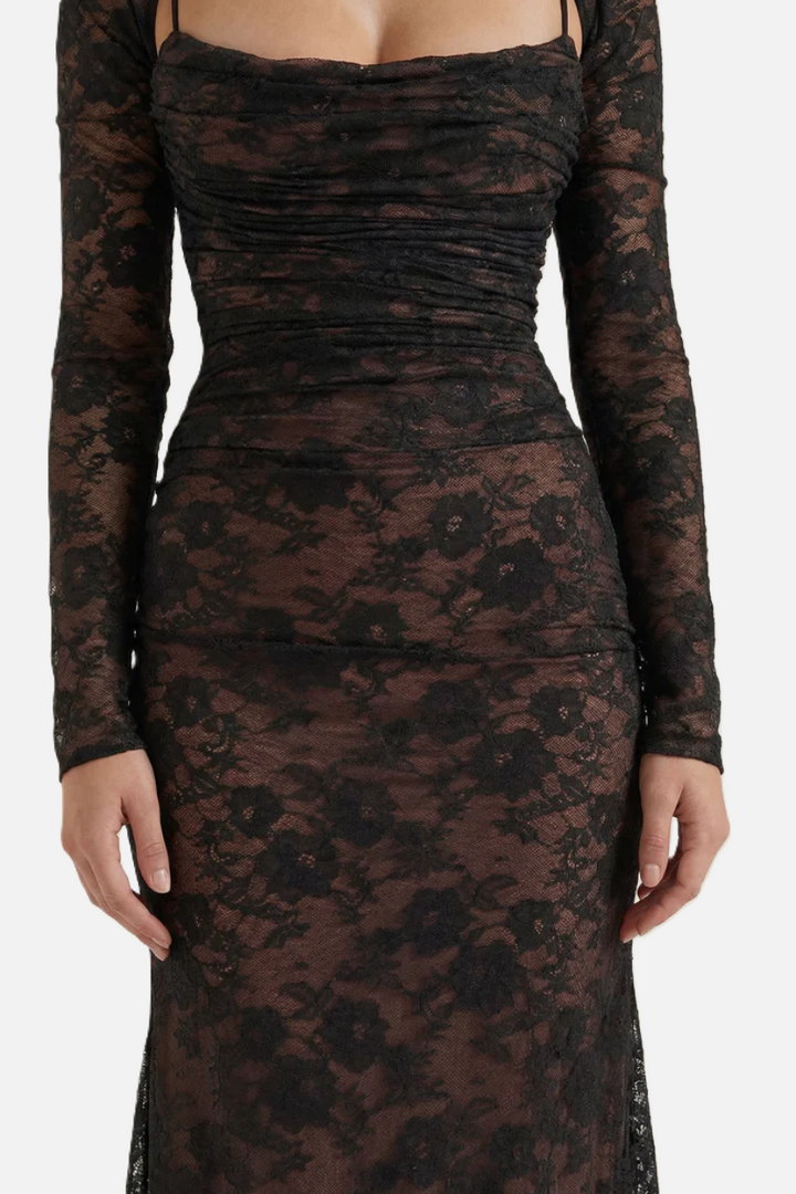 Floral Lace Maxi Dress with Lace-Up Back and Long Sleeve Shrug