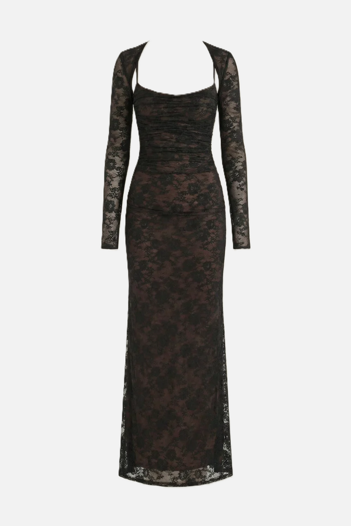 Floral Lace Maxi Dress with Lace-Up Back and Long Sleeve Shrug