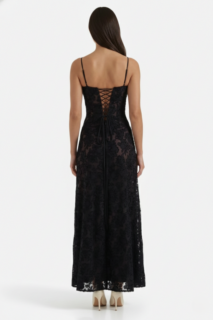 Floral Slip Maxi Dress with Lace-Up Back