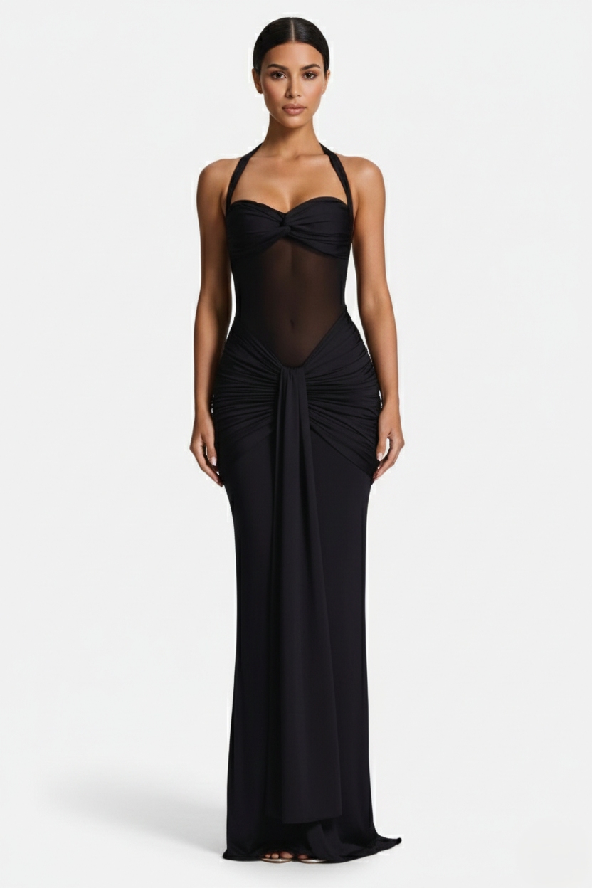 Halter Neck Tie Back Ruched Bodycon Evening Gown