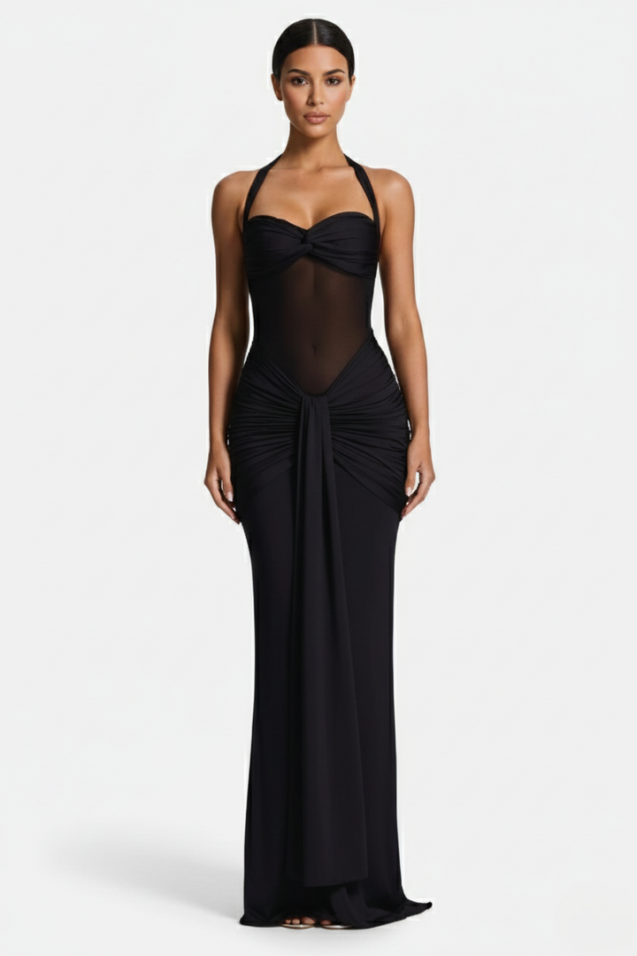 Halter Neck Tie Back Ruched Bodycon Evening Gown