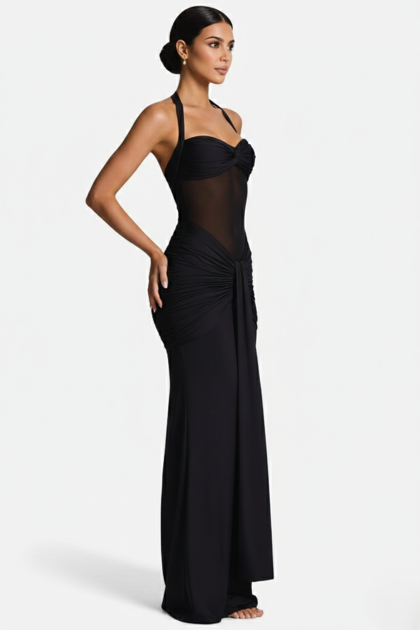 Halter Neck Tie Back Ruched Bodycon Evening Gown