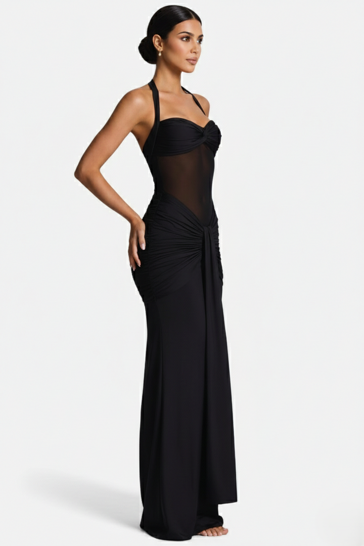 Halter Neck Tie Back Ruched Bodycon Evening Gown