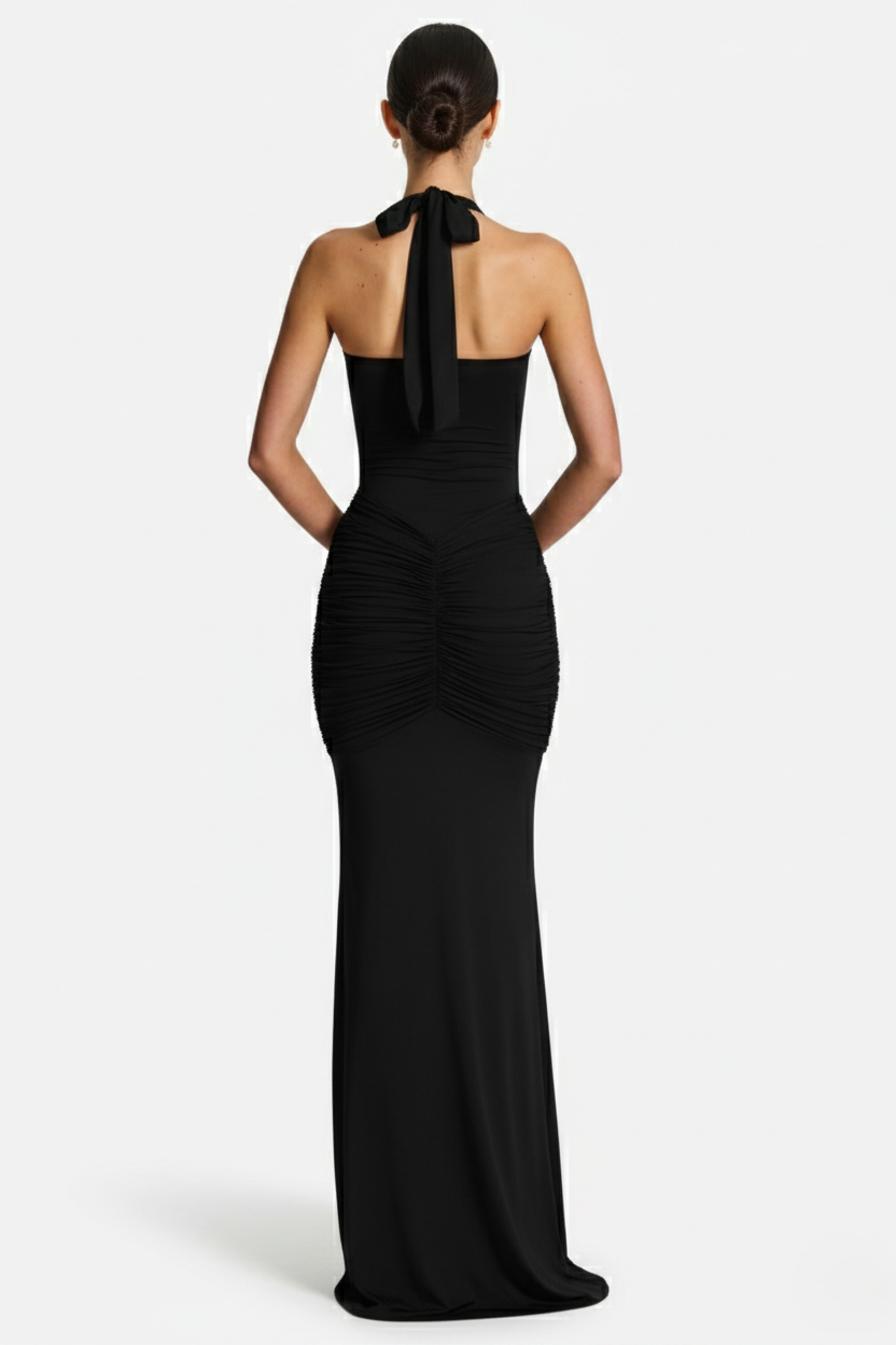 Halter Neck Tie Back Ruched Bodycon Evening Gown