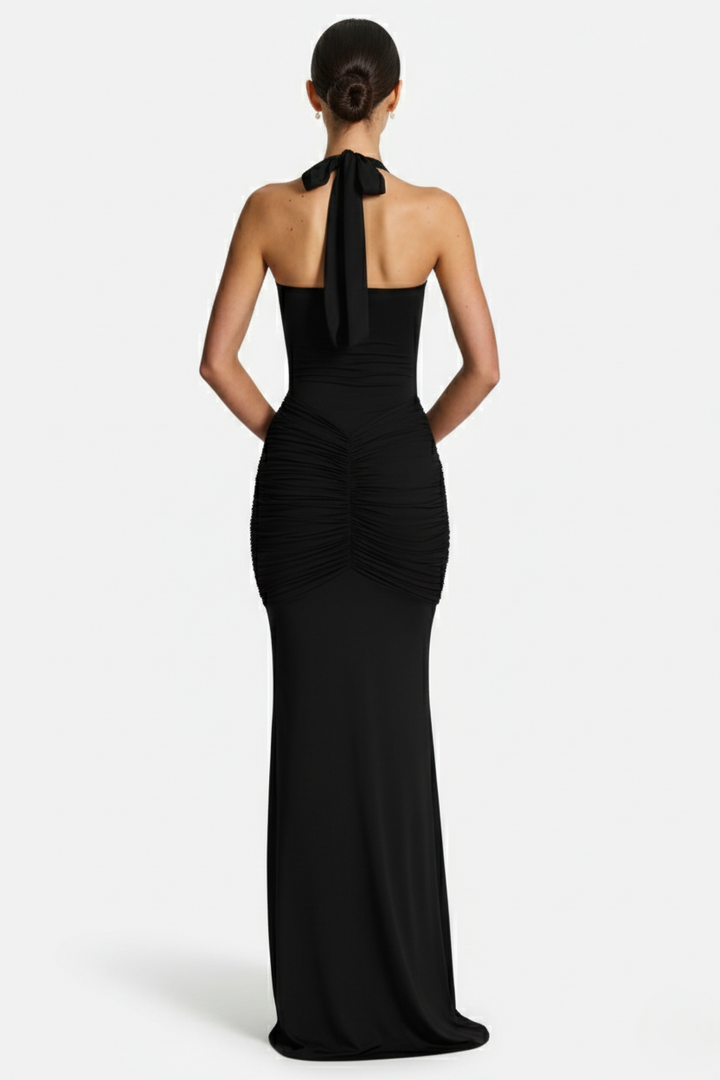 Halter Neck Tie Back Ruched Bodycon Evening Gown