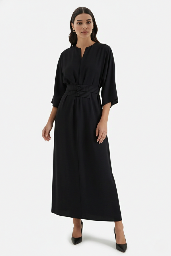 Kaftan Dress with Split Neckline and Pleated Cinch Waist