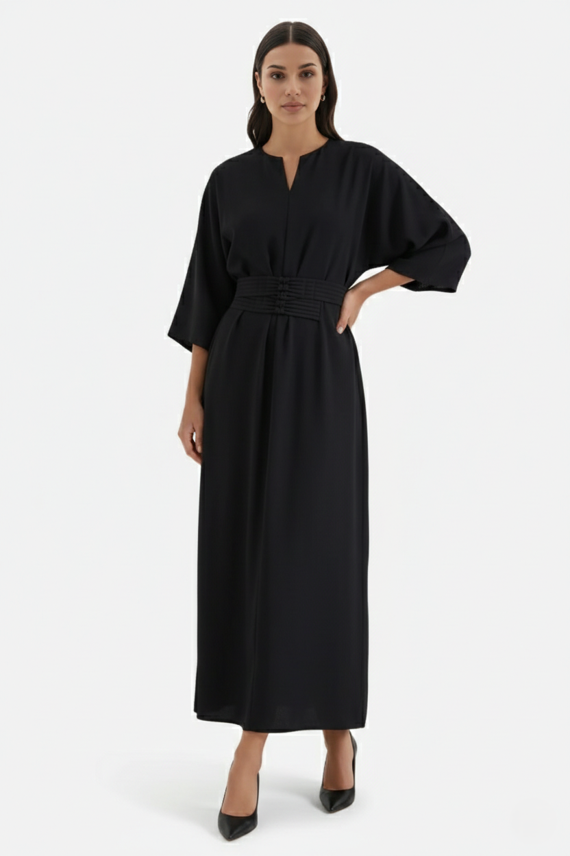 Kaftan Dress with Split Neckline and Pleated Cinch Waist