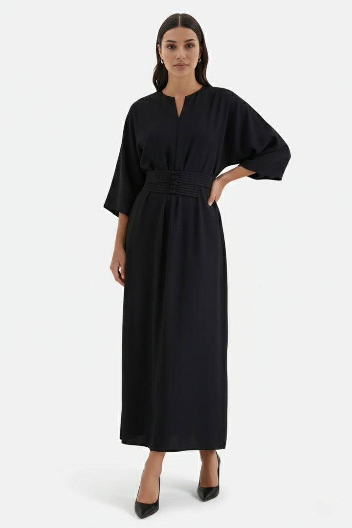 Kaftan Dress with Split Neckline and Pleated Cinch Waist