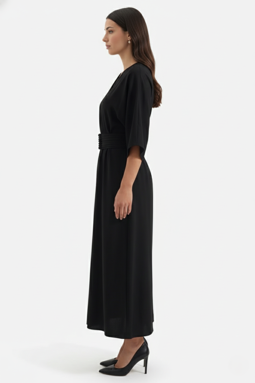 Kaftan Dress with Split Neckline and Pleated Cinch Waist