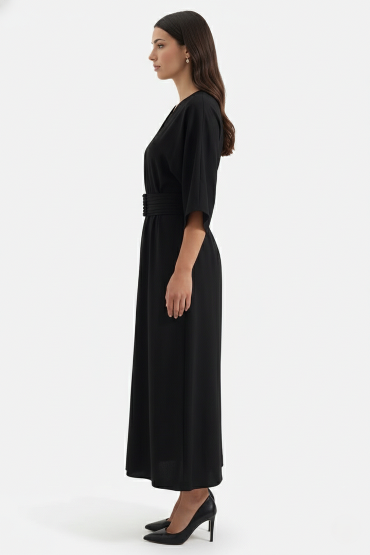 Kaftan Dress with Split Neckline and Pleated Cinch Waist
