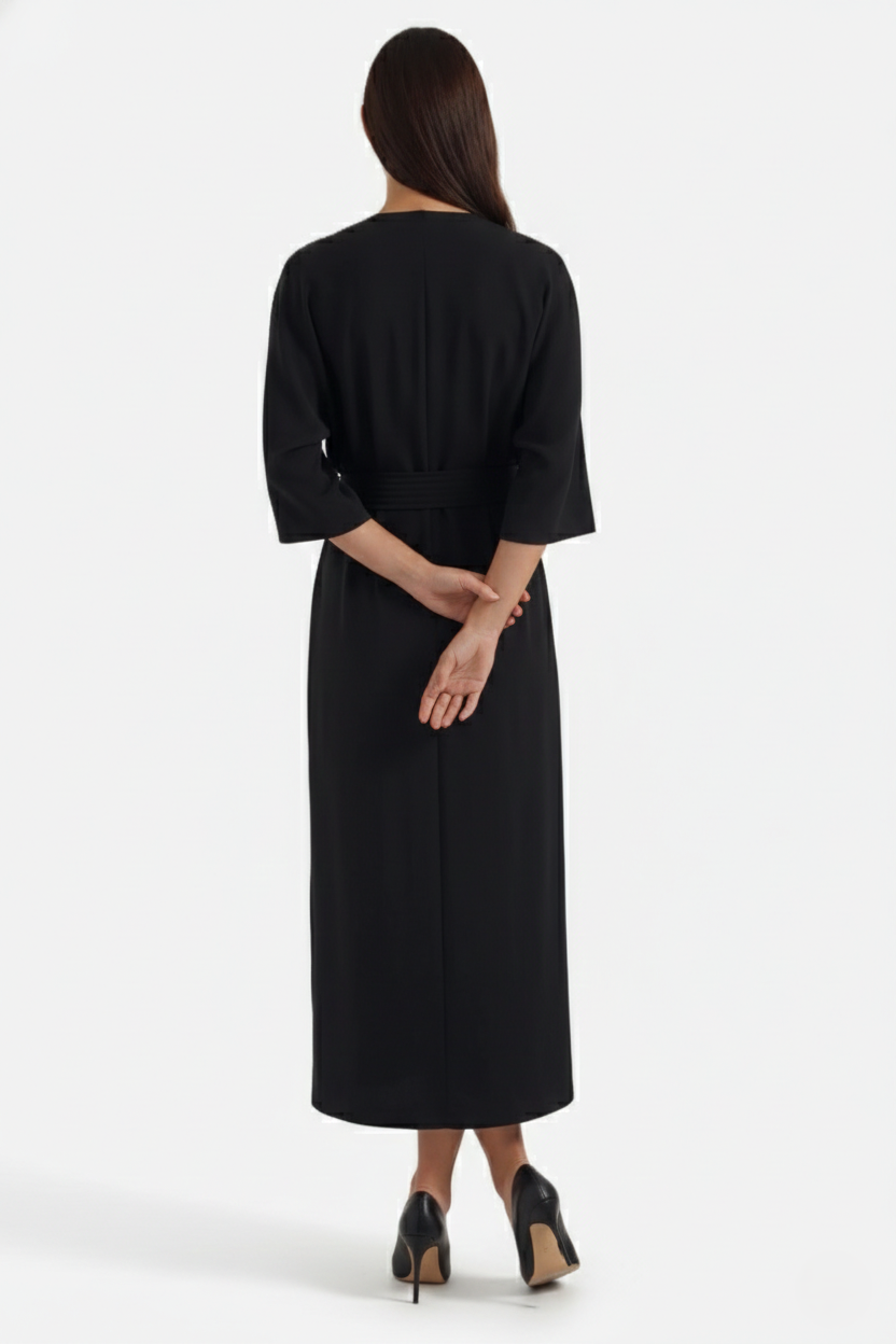 Kaftan Dress with Split Neckline and Pleated Cinch Waist