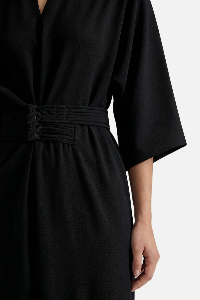 Kaftan Dress with Split Neckline and Pleated Cinch Waist