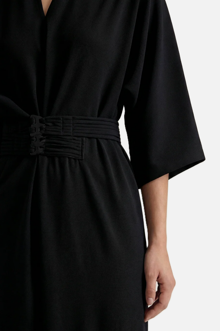 Kaftan Dress with Split Neckline and Pleated Cinch Waist