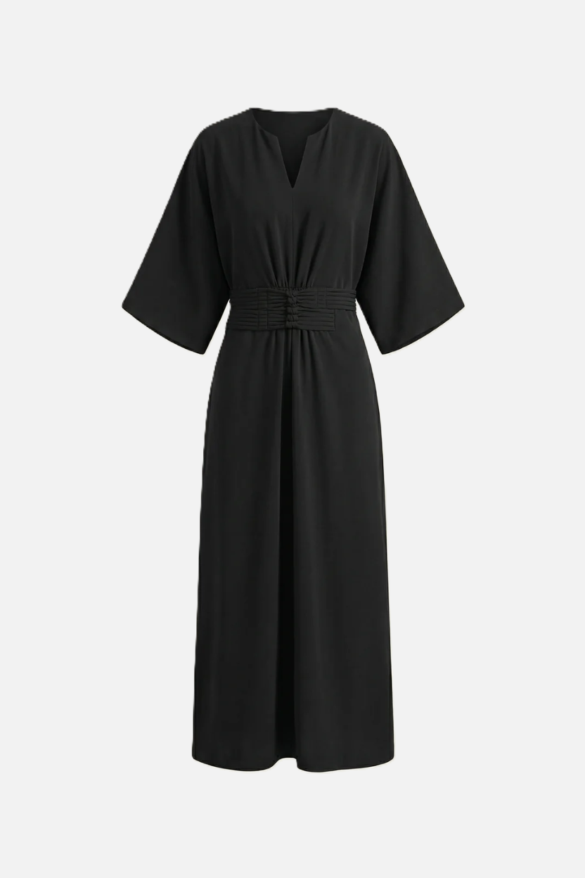 Kaftan Dress with Split Neckline and Pleated Cinch Waist