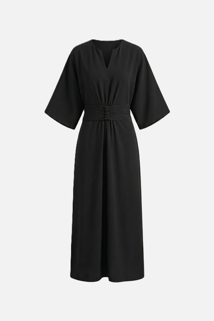Kaftan Dress with Split Neckline and Pleated Cinch Waist