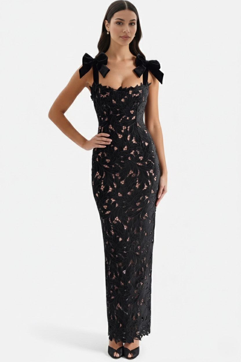 Lace Cutwork Bow Shoulder Bodycon Scalloped Hem Maxi Dress
