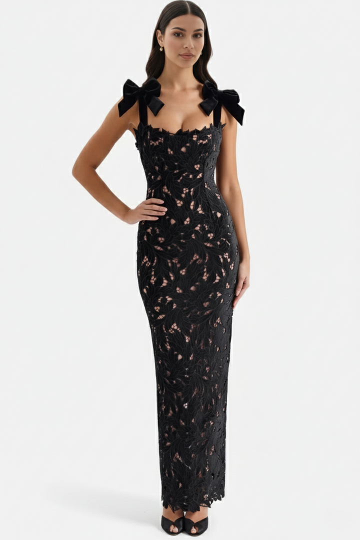 Lace Cutwork Bow Shoulder Bodycon Scalloped Hem Maxi Dress