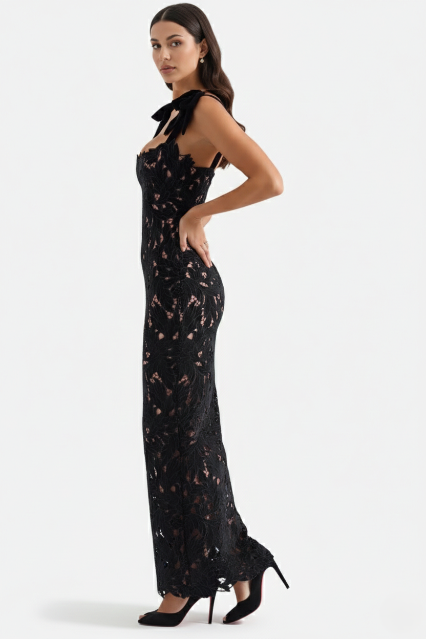 Lace Cutwork Bow Shoulder Bodycon Scalloped Hem Maxi Dress