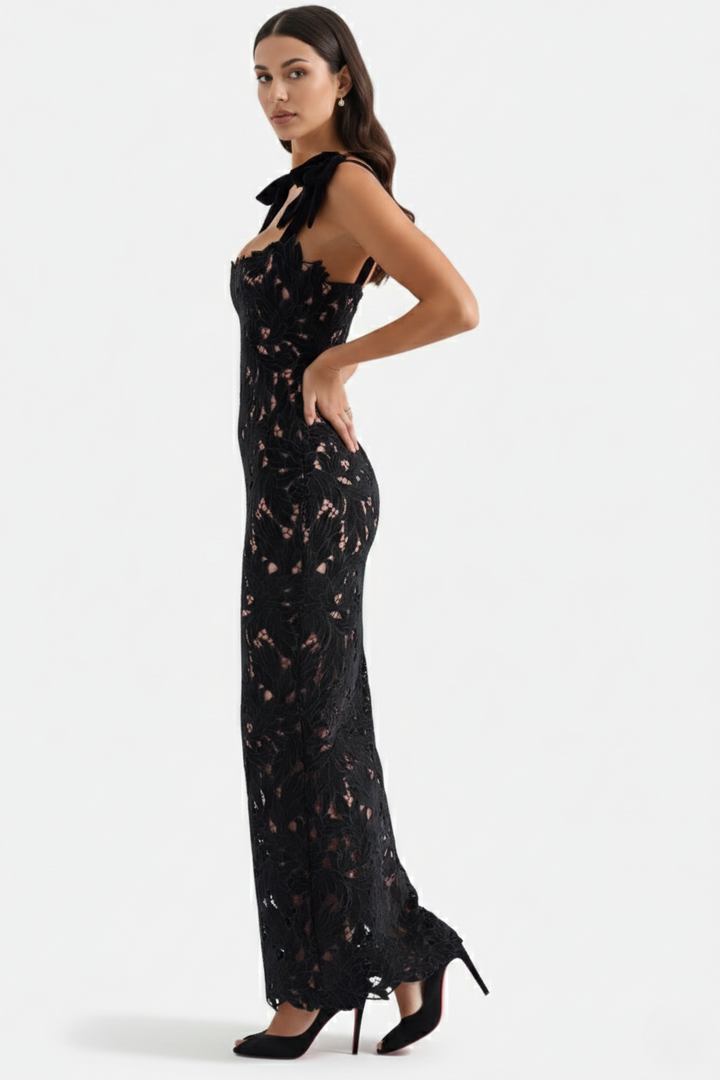 Lace Cutwork Bow Shoulder Bodycon Scalloped Hem Maxi Dress