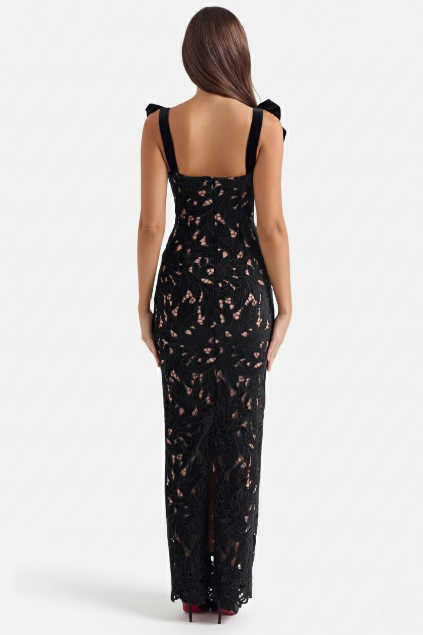 Lace Cutwork Bow Shoulder Bodycon Scalloped Hem Maxi Dress