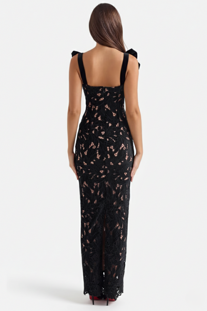 Lace Cutwork Bow Shoulder Bodycon Scalloped Hem Maxi Dress