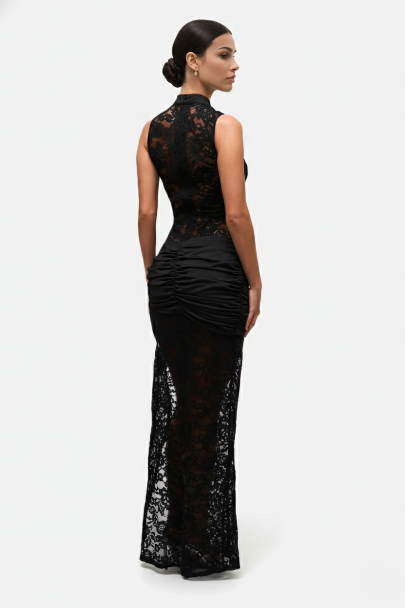 Lace Keyhole Cheongsam Maxi Dress High Side Slit