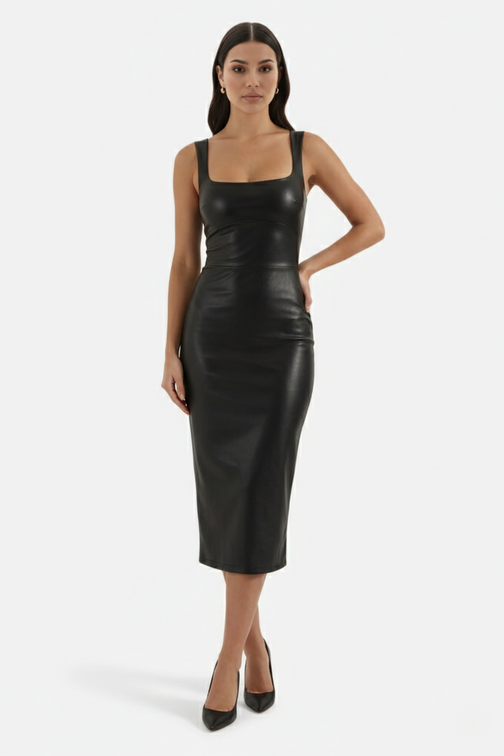 Faux Leather Square-Neck Sleeveless Midi Dress