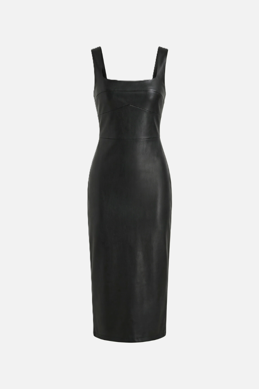Faux Leather Square-Neck Sleeveless Midi Dress