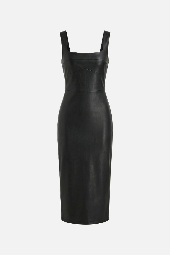 Faux Leather Square-Neck Sleeveless Midi Dress