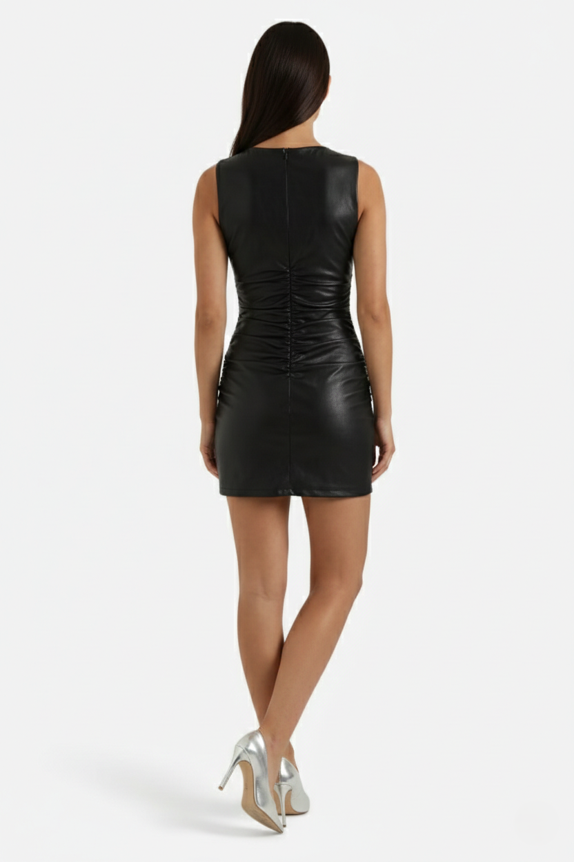 Faux Leather Sleeveless Ruched Mini Dress
