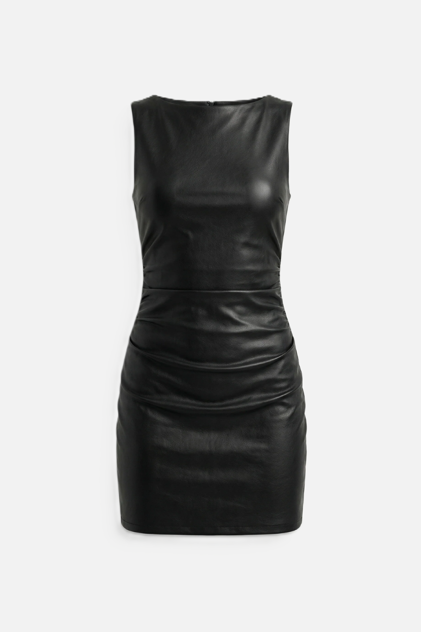 Faux Leather Sleeveless Ruched Mini Dress