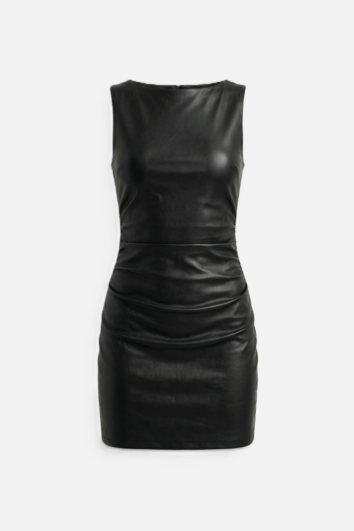 Faux Leather Sleeveless Ruched Mini Dress