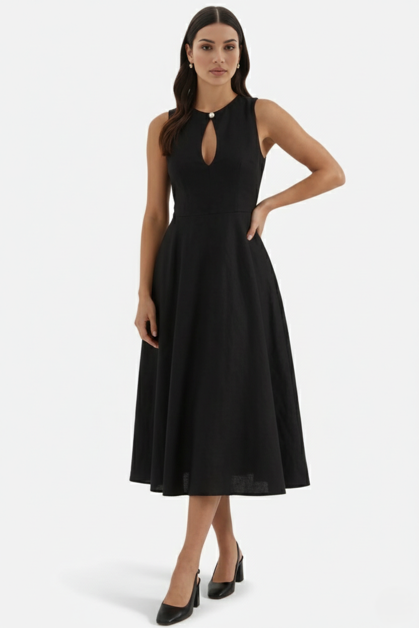 Summer Linen Midi Dress with Keyhole Neckline Fit and Flare