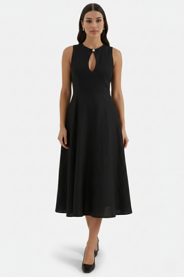 Summer Linen Midi Dress with Keyhole Neckline Fit and Flare