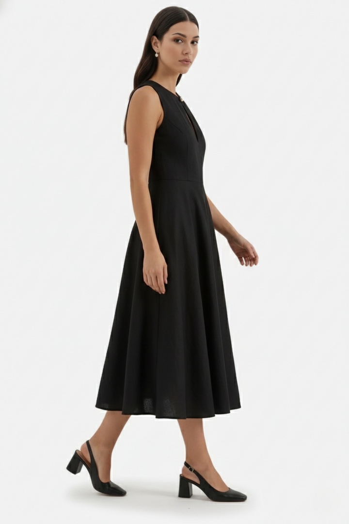 Summer Linen Midi Dress with Keyhole Neckline Fit and Flare