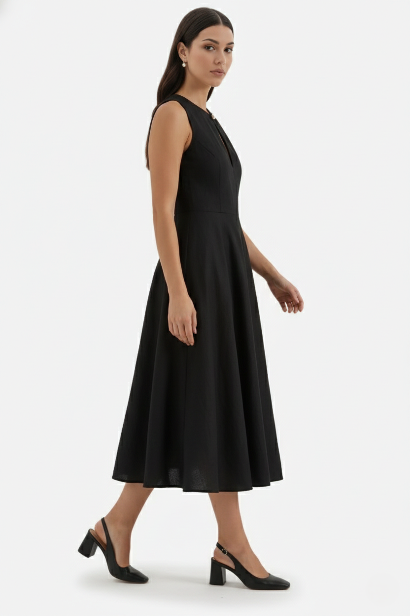 Midi Dress Mixed Media Shoulder Cutout Long Sleeve Fit and Flare