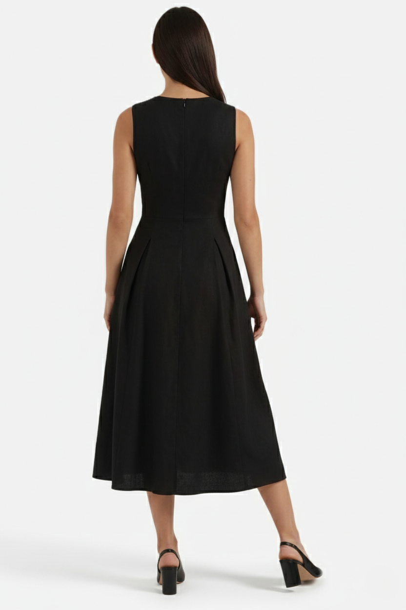 Summer Linen Midi Dress with Keyhole Neckline Fit and Flare