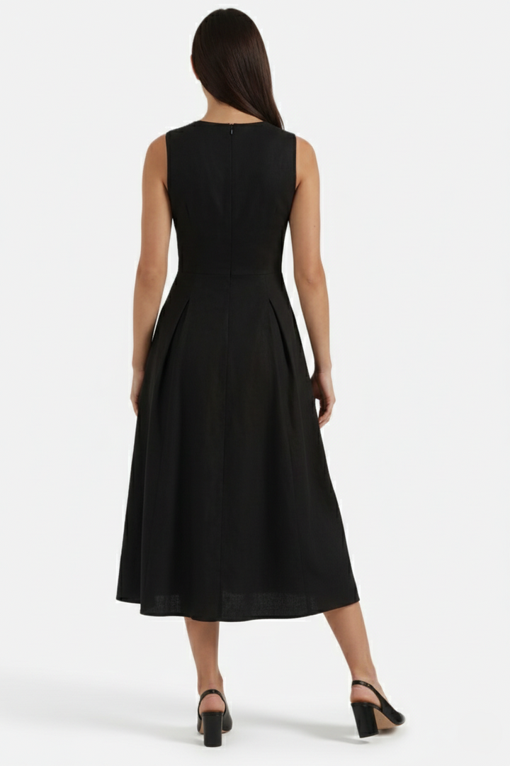 Midi Dress Mixed Media Shoulder Cutout Long Sleeve Fit and Flare