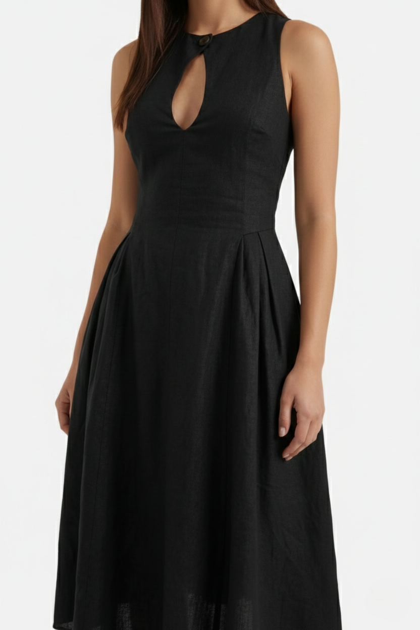 Midi Dress Mixed Media Shoulder Cutout Long Sleeve Fit and Flare