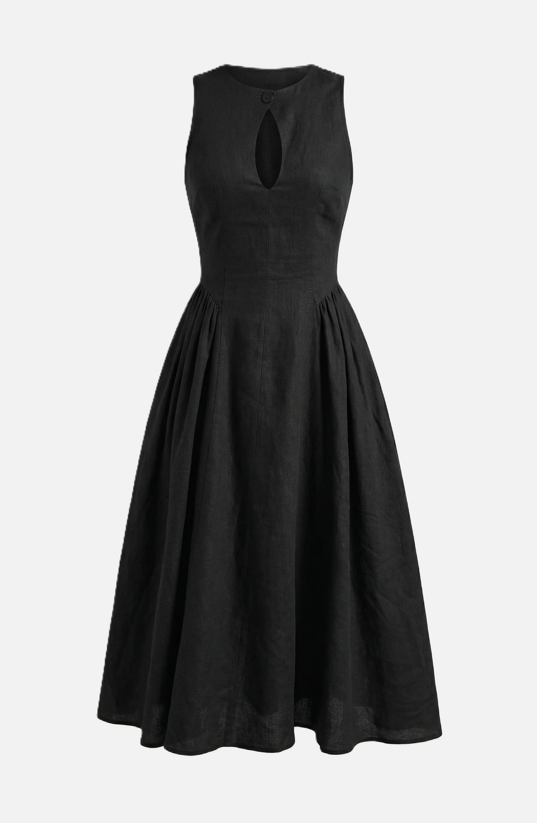 Summer Linen Midi Dress with Keyhole Neckline Fit and Flare