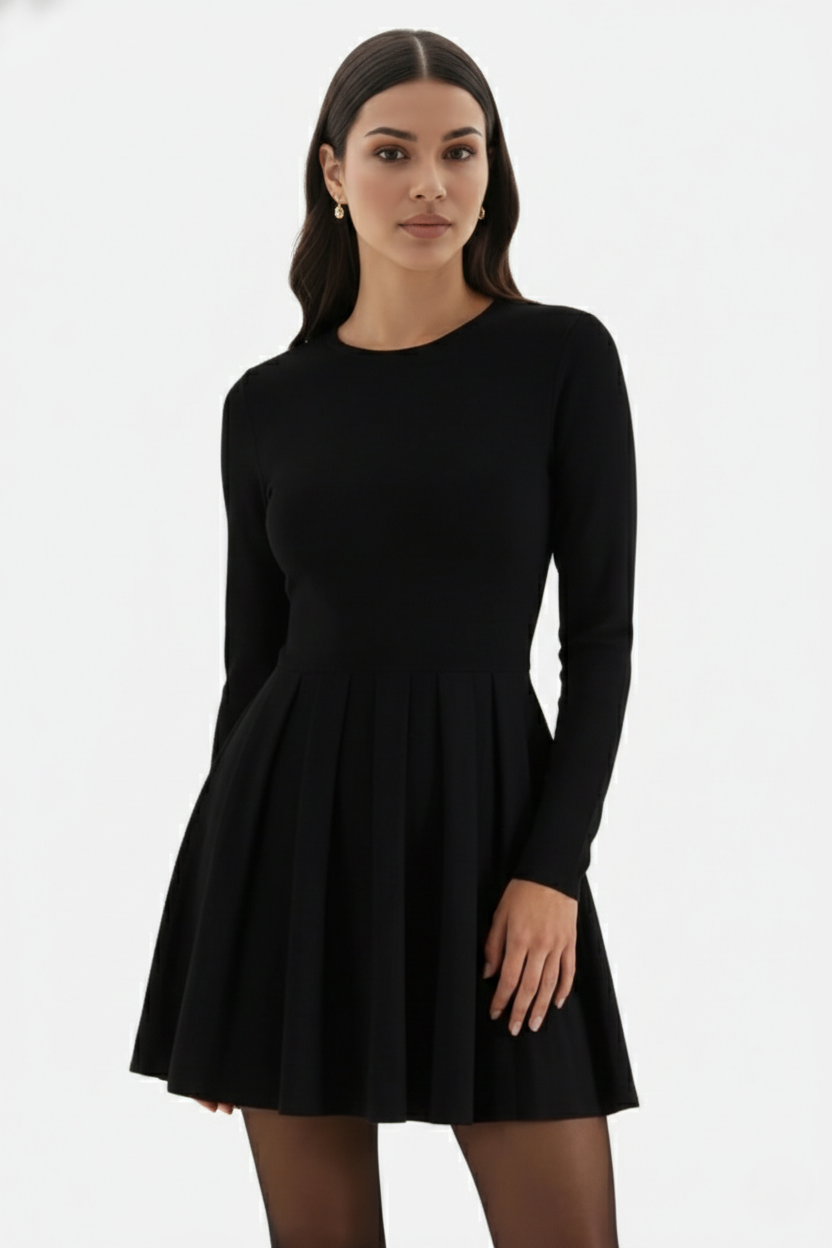 Knitted Long Sleeve Skater Dress - Fit and Flare A-Line Mini