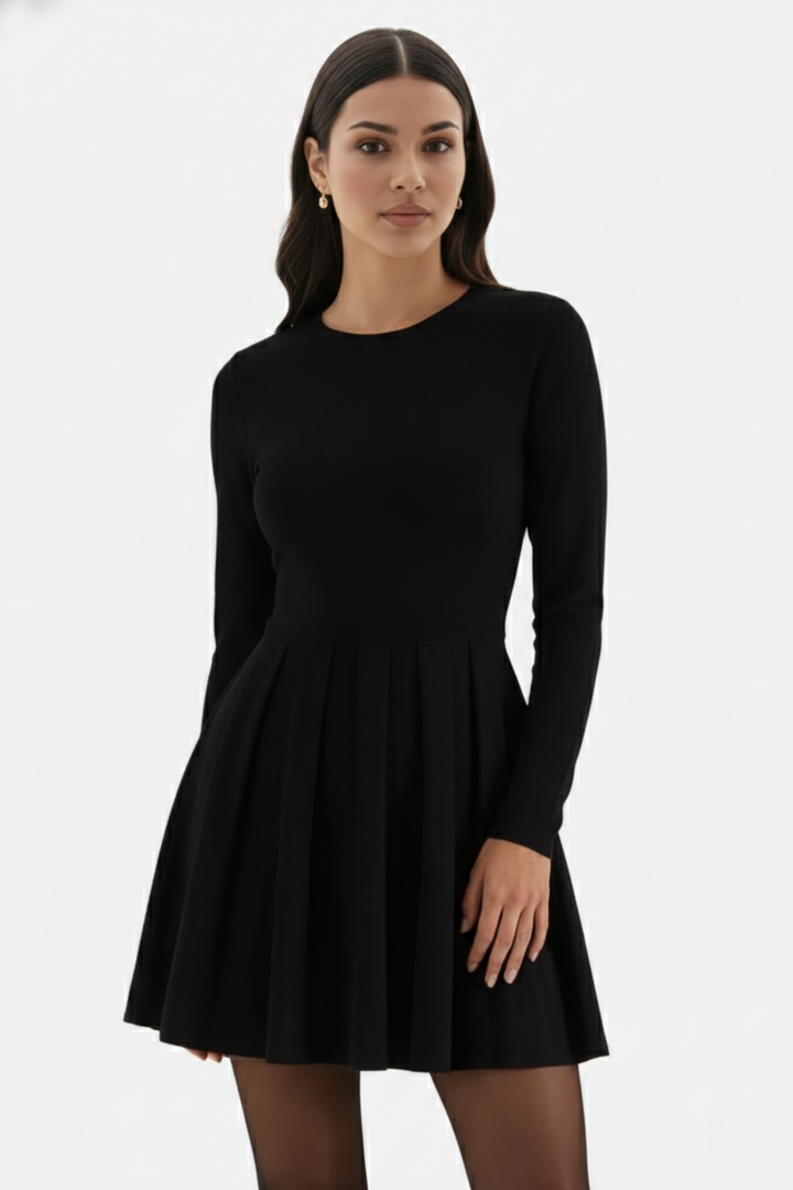 Knitted Long Sleeve Skater Dress - Fit and Flare A-Line Mini