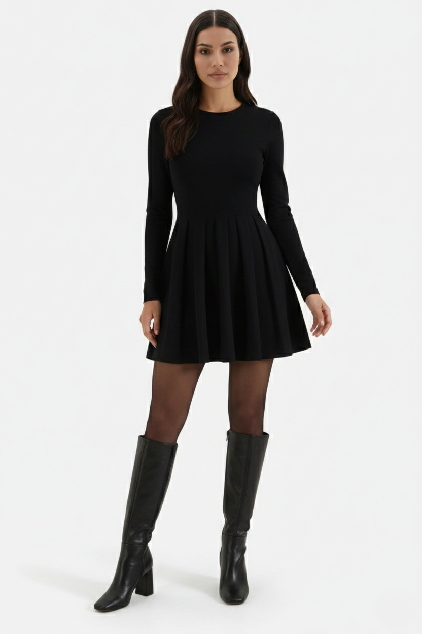 Knitted Long Sleeve Skater Dress - Fit and Flare A-Line Mini