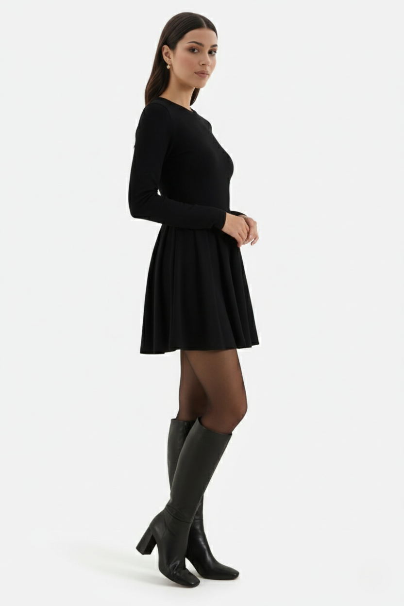 Knitted Long Sleeve Skater Dress - Fit and Flare A-Line Mini