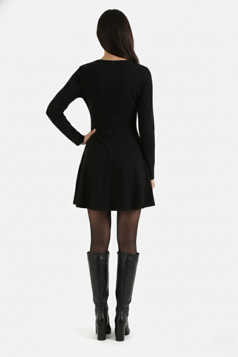 Knitted Long Sleeve Skater Dress - Fit and Flare A-Line Mini
