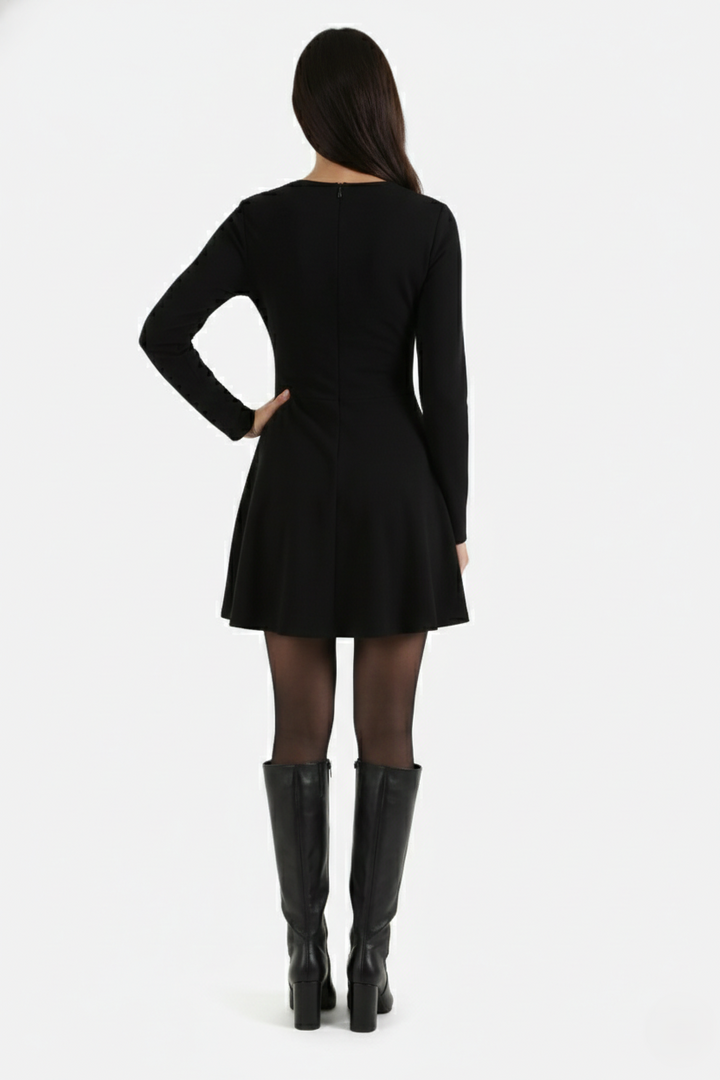 Knitted Long Sleeve Skater Dress - Fit and Flare A-Line Mini